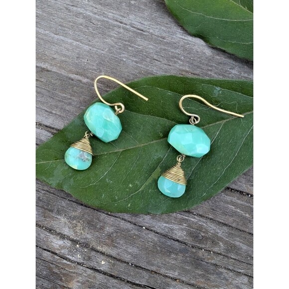 Vintage Chalcedony Green Stone Dangle Earrings - Picture 1 of 10
